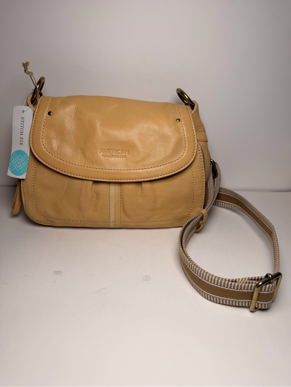 American West Tan Leather Crossbody Bag with Striped Strap
